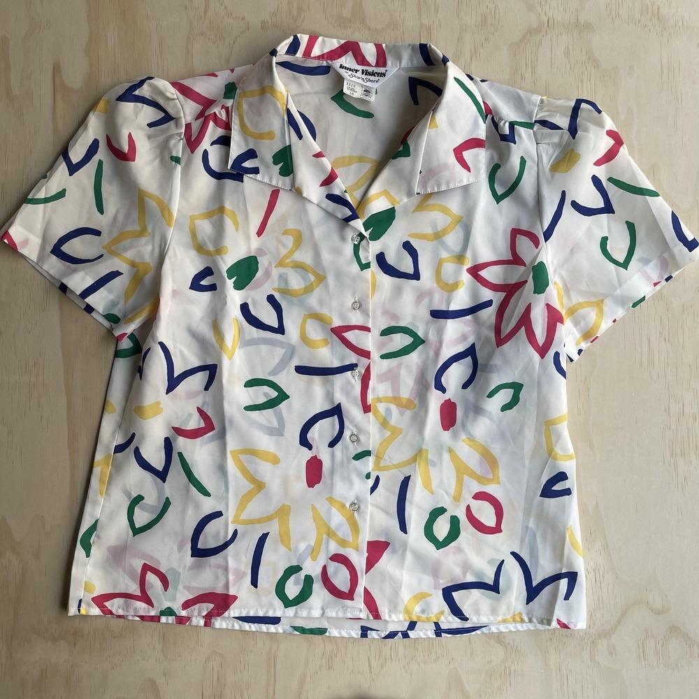 Vintage Inner Visions Ship 'n Shore Shirt Womens 16 White Floral Button Up 80s